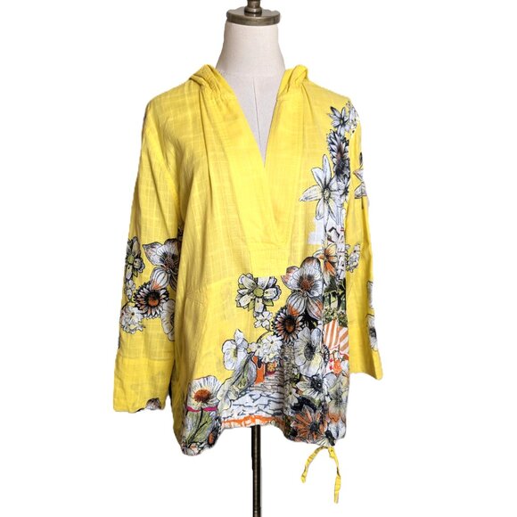 Chicos Pullover Hoodie Women's Size XL 3 Yellow Floral Cityscape Cotton Beach - Picture 2 of 6